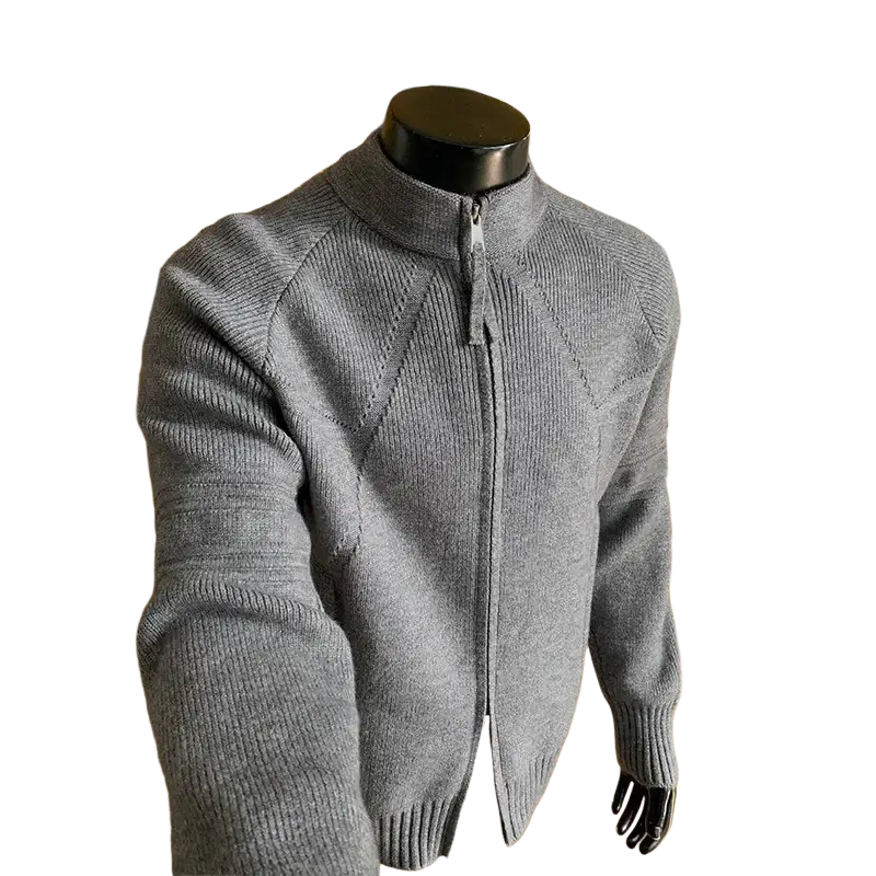 Gray ribbed knit full zip mens cardigan sweater on mannequin showing pullover collar with size shoulder chest length