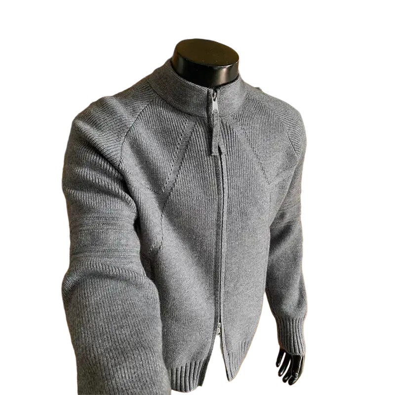 Gray ribbed knit full zip mens cardigan sweater on mannequin with size shoulder chest length details visible