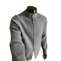 Gray ribbed knit full zip mens cardigan sweater on mannequin with size shoulder chest length details visible
