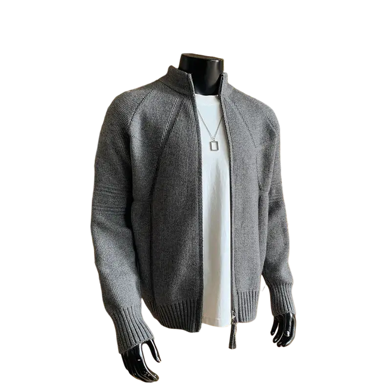 Gray knit zip-up cardigan pullover in sizes m to 3xl displayed on mannequin showing shoulder chest length details