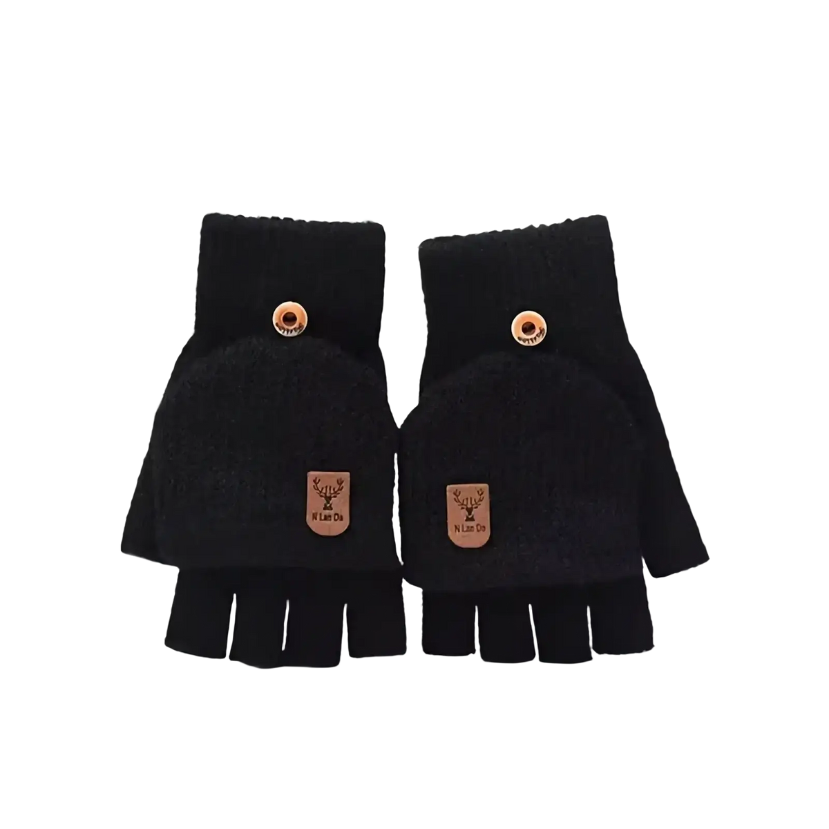 Black knit fingerless gloves with plush texture and gold button accents on back for office warmth and style