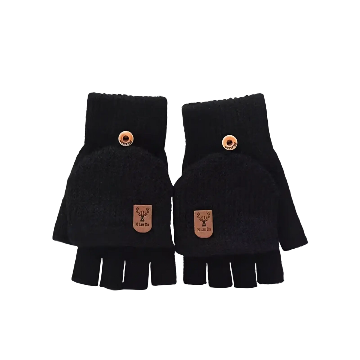 Men’s black knitted fingerless gloves with textured knit copper snap buttons and leather deer patches for office warmth