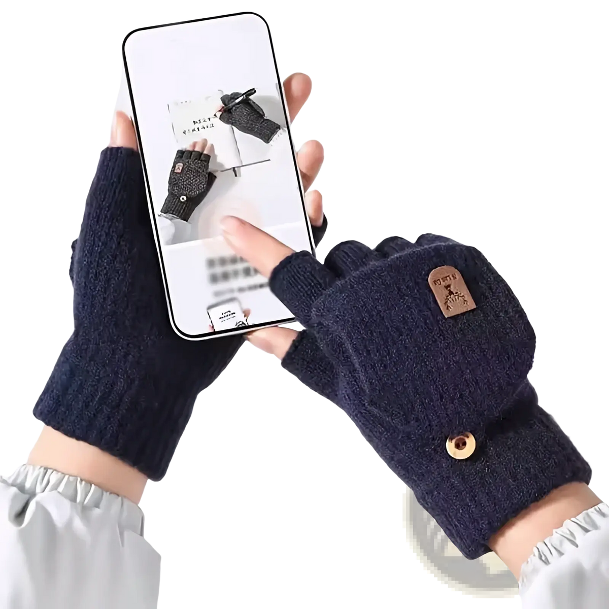 Men’s dark blue knitted fingerless gloves with brown leather patch and gold button detail for office warmth