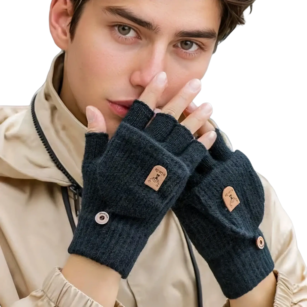 Men’s dark blue knitted fingerless gloves with button closure and tan leather patches for office warmth