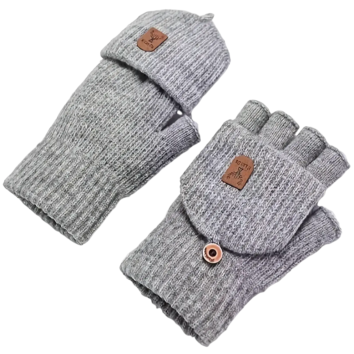 Men’s gray knitted fingerless gloves with ribbed texture and leather patch for office warmth and style