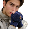 Men’s navy blue knitted fingerless gloves with leather patch and button detail for office warmth and comfort