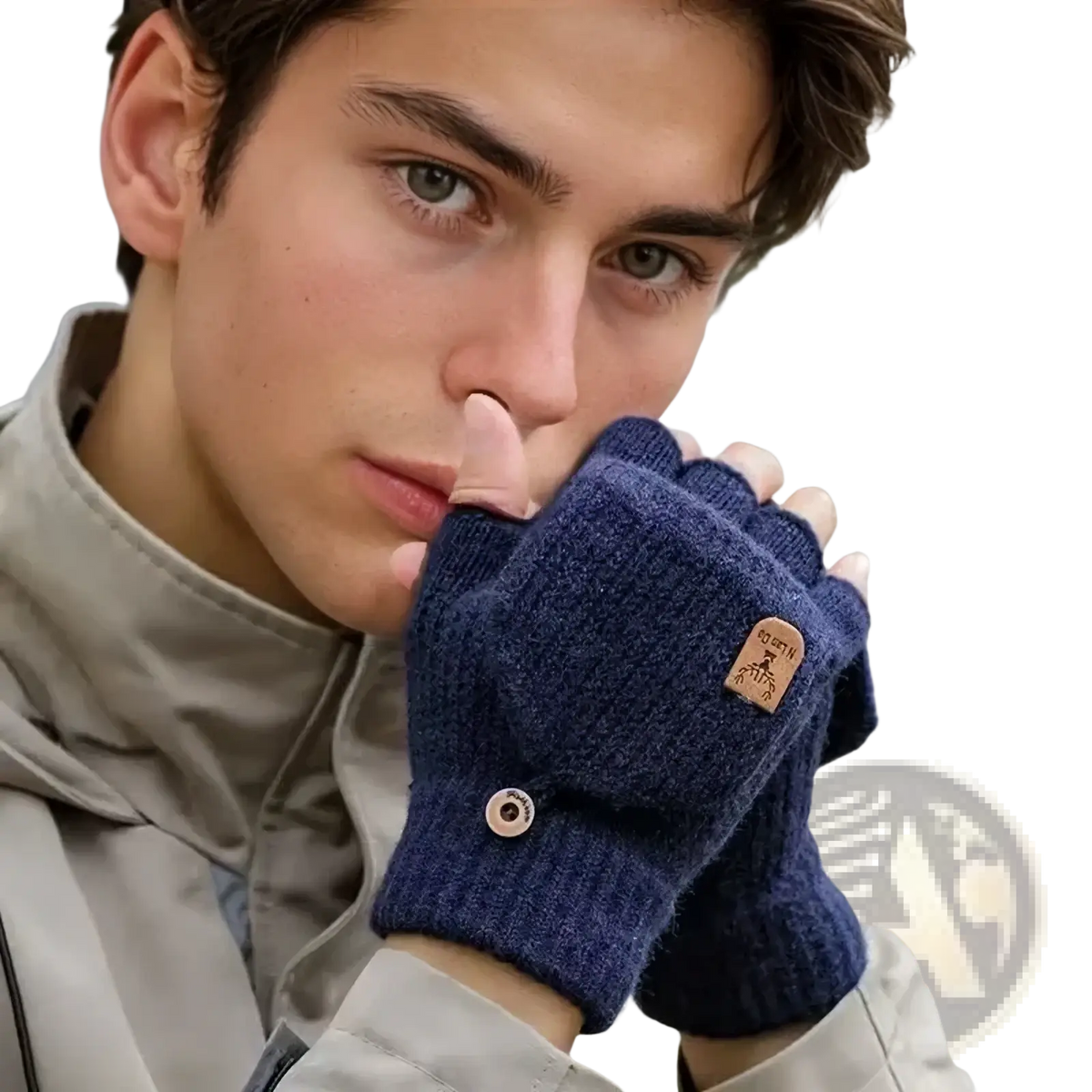 Men’s navy blue knitted fingerless gloves with leather patch and button detail for office warmth and comfort