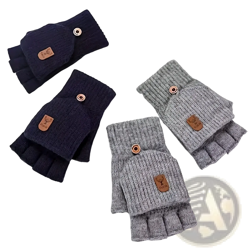 Men’s knit fingerless gloves in navy and gray with snap closures and leather patches for office warmth