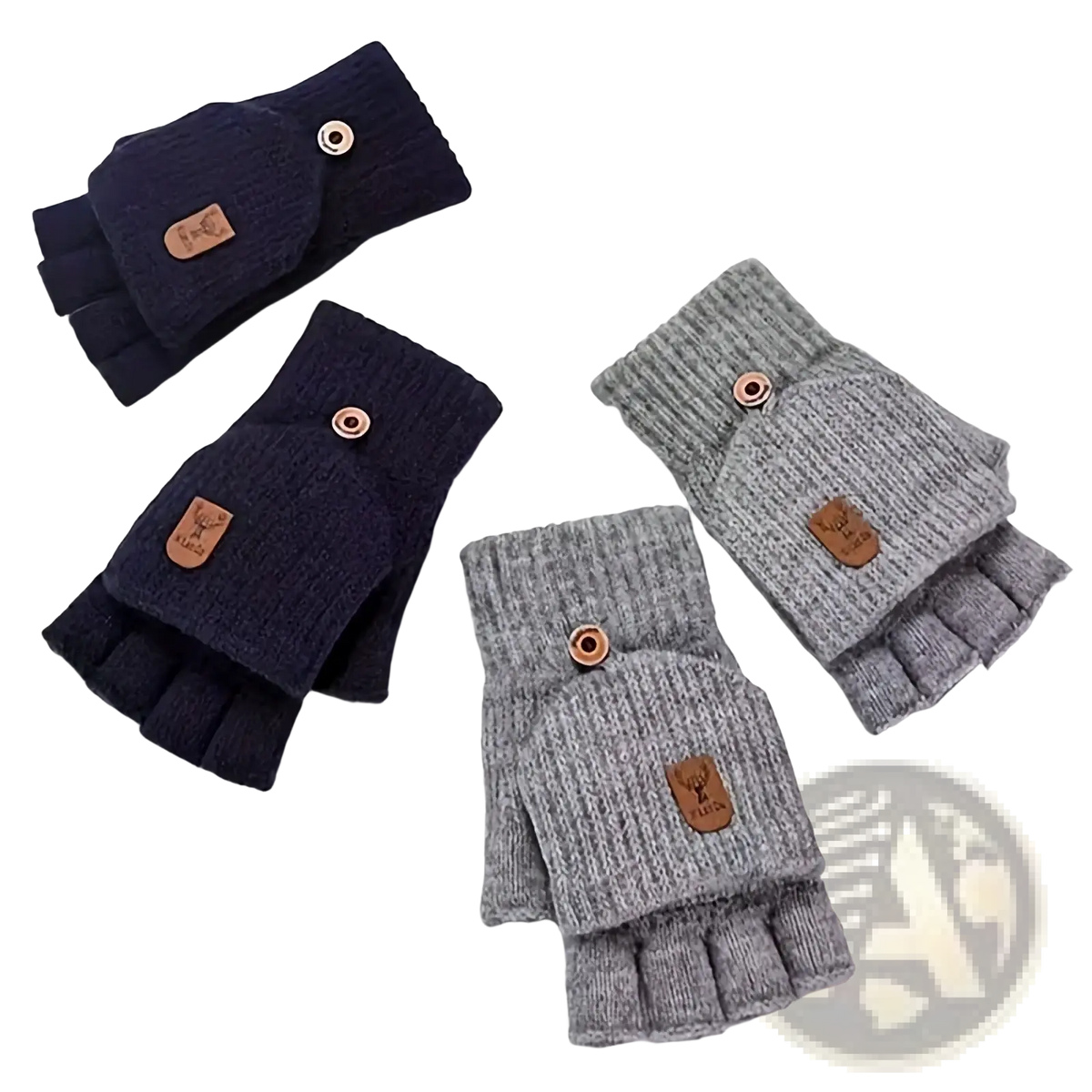 Men’s knit fingerless gloves in navy and gray with snap closures and leather patches for office warmth