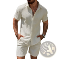 Cream-colored mens short-sleeved knit polo shirt with textured woven pattern for casual outfit wear