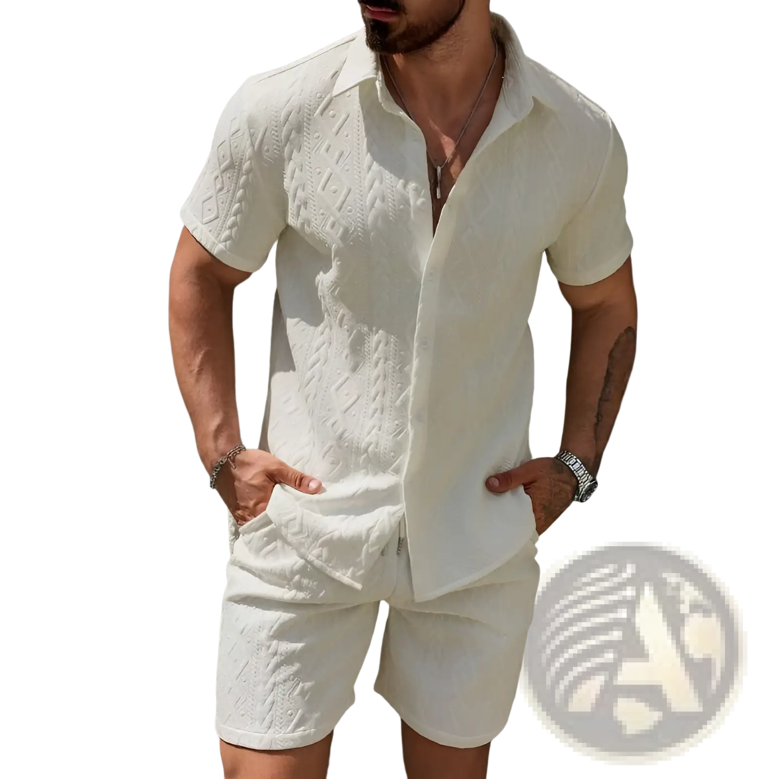 Cream-colored mens short-sleeved knit polo shirt with textured woven pattern for casual outfit wear