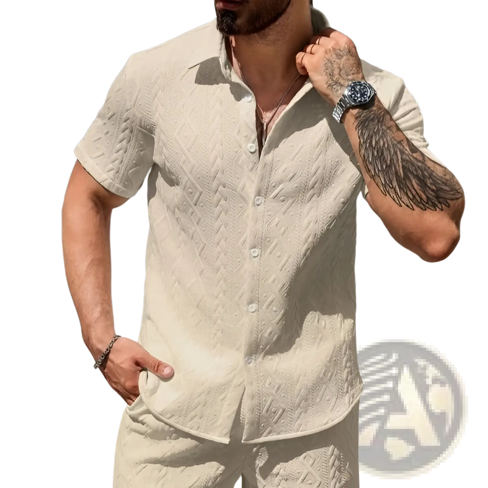 Beige short-sleeved button-up mens knit polo shirt with textured cable-knit pattern for casual outfit