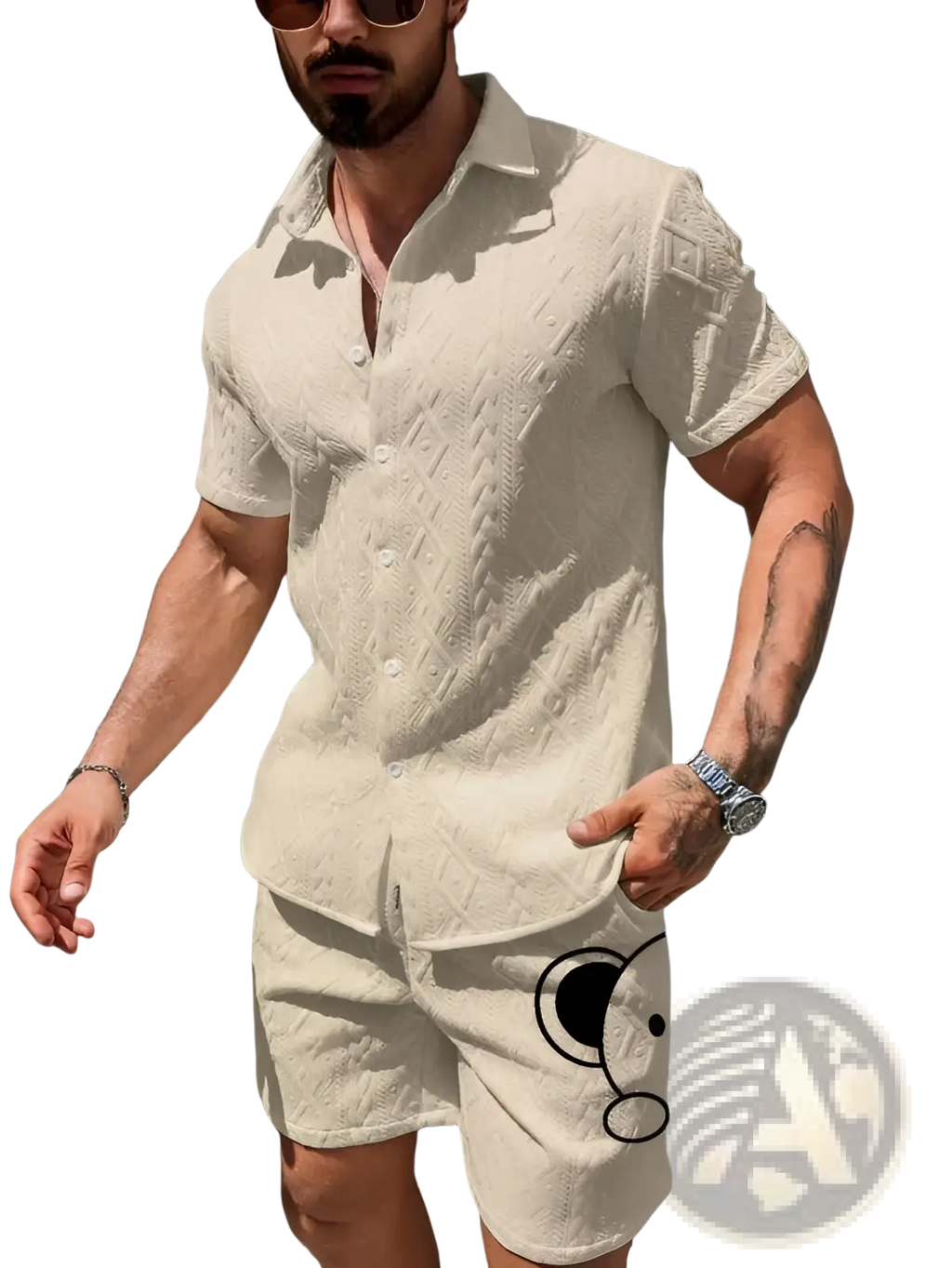 Cream-colored textured short-sleeve knit polo shirt with subtle geometric pattern for casual mens outfit