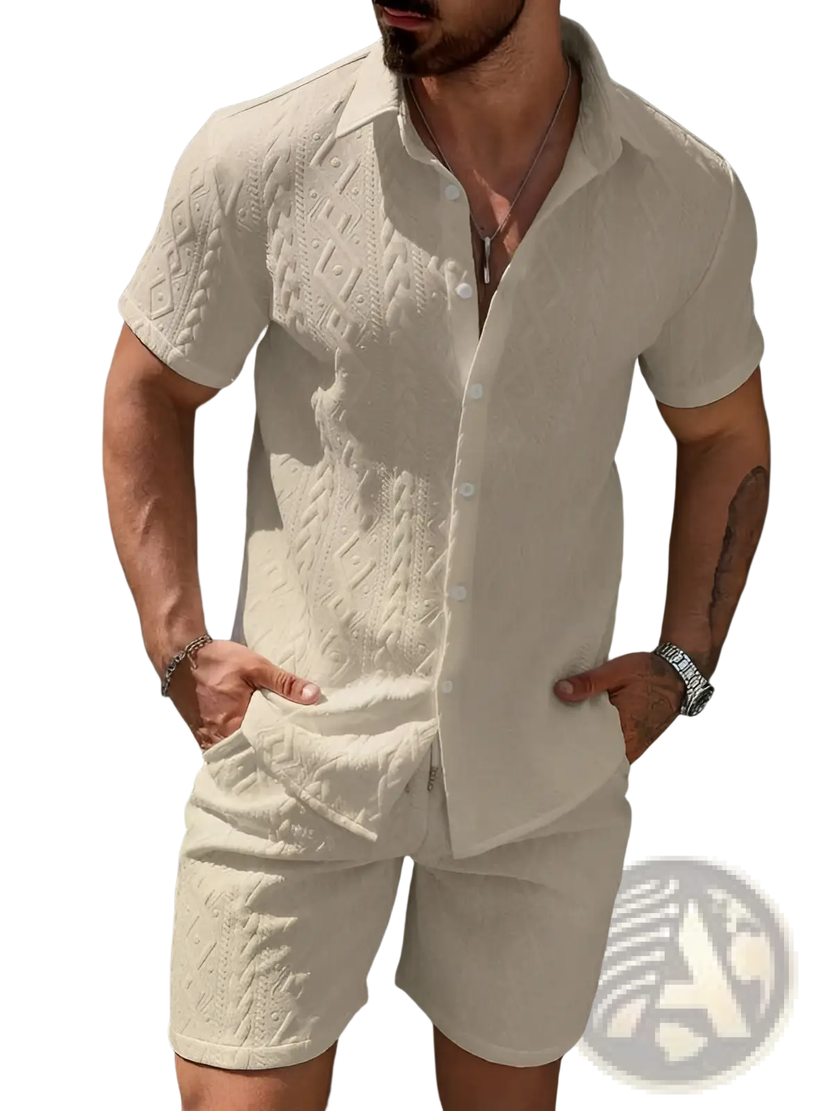 Cream-colored mens knit polo shirt with short sleeves and a textured cable-knit pattern for casual wear