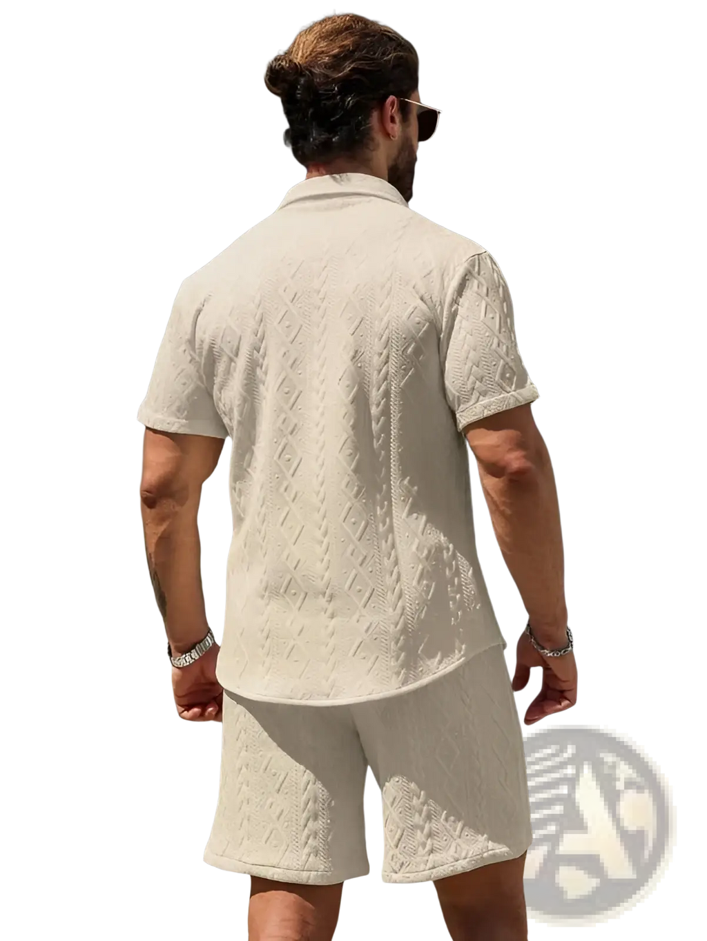 Cream-colored mens knit polo shirt with textured diamond and cable-knit pattern for casual wear