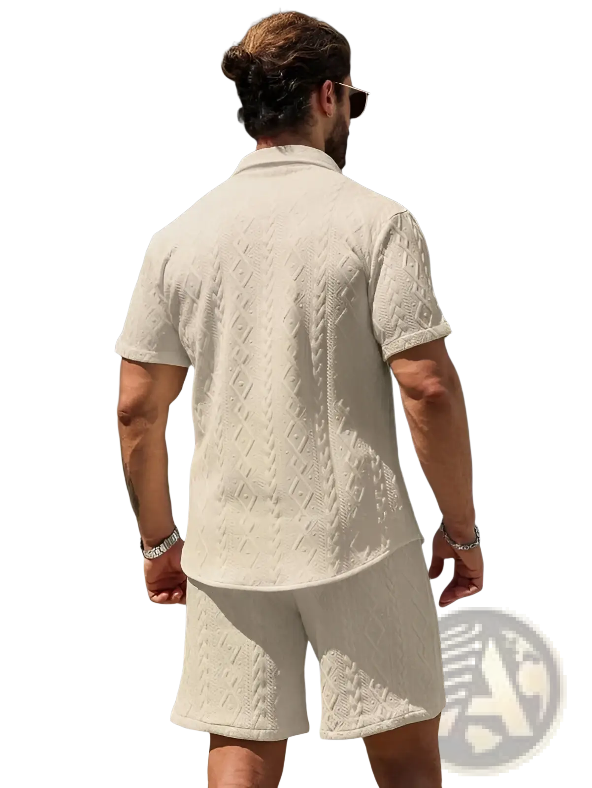 Cream-colored mens knit polo shirt with textured diamond and cable-knit pattern for casual wear