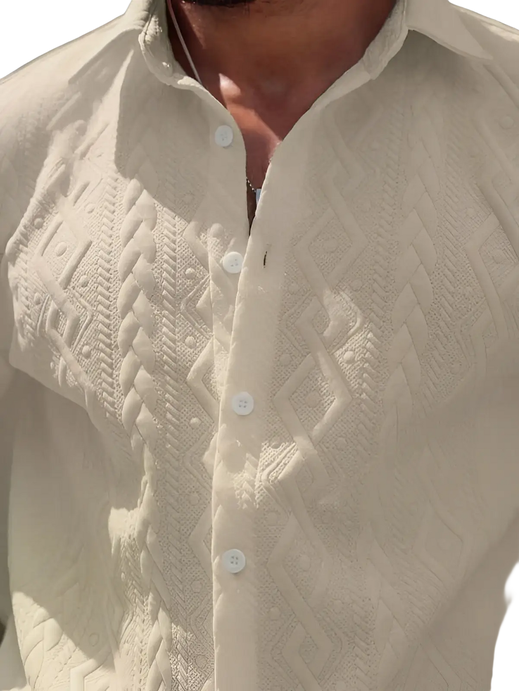 Cream-colored mens knit polo shirt with intricate woven geometric patterns and white buttons for casual wear