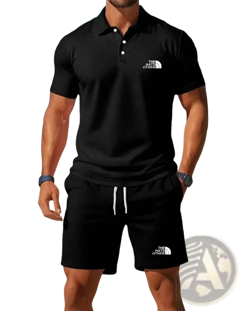 Men’s knit polo and shorts set featuring a black short-sleeved polo with white button placket and chest embroidered logo