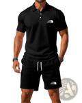 Men’s knit polo and shorts set featuring a black short-sleeved polo with white button placket and chest embroidered logo