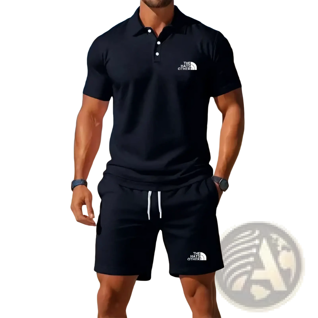 Black men’s knit polo shirt by The North Face with white button accents and logo on the chest in a polo and shorts set