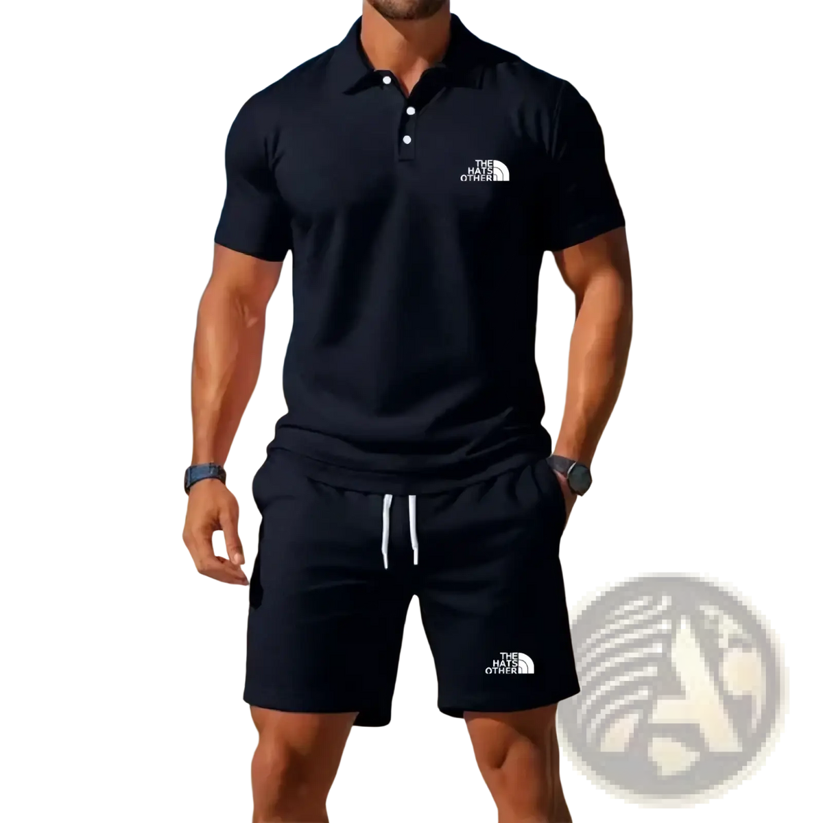Black men’s knit polo shirt by The North Face with white button accents and logo on the chest in a polo and shorts set