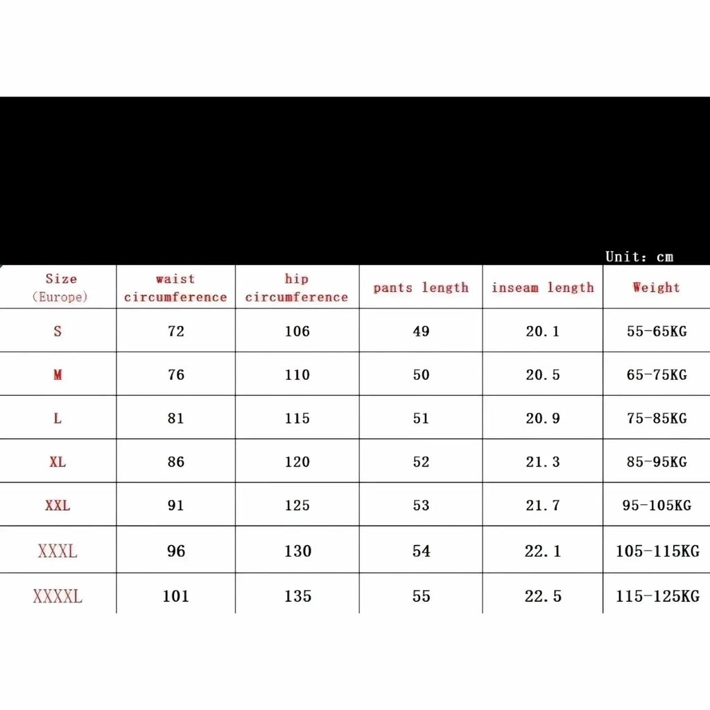 Black table showing european size measurements for men’s knit polo and shorts set including waist hip length inseam and weight