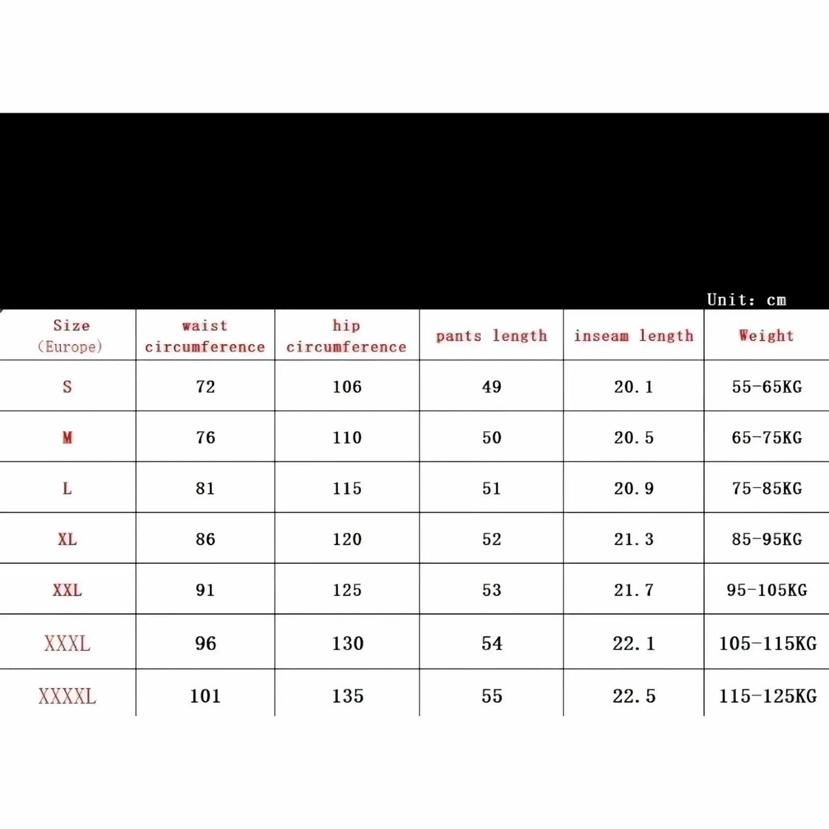 Black table showing european size measurements for men’s knit polo and shorts set including waist hip length inseam and weight