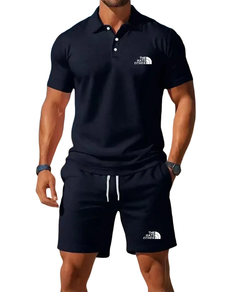 Men’s knit polo and shorts set featuring a navy blue the north face knit polo with white logo and buttoned collar