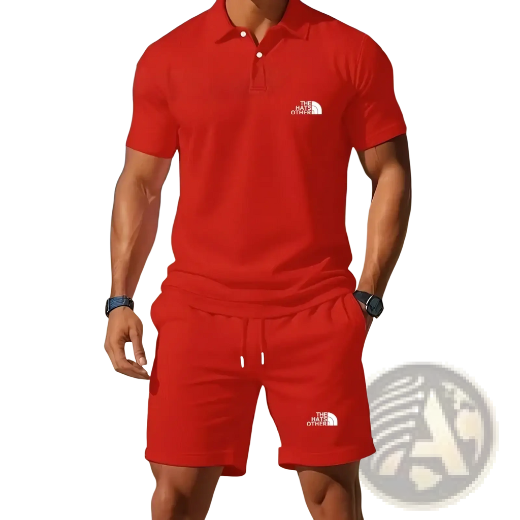 Men’s knit polo and shorts set in red from The North Face featuring breathable fabric for casual wear