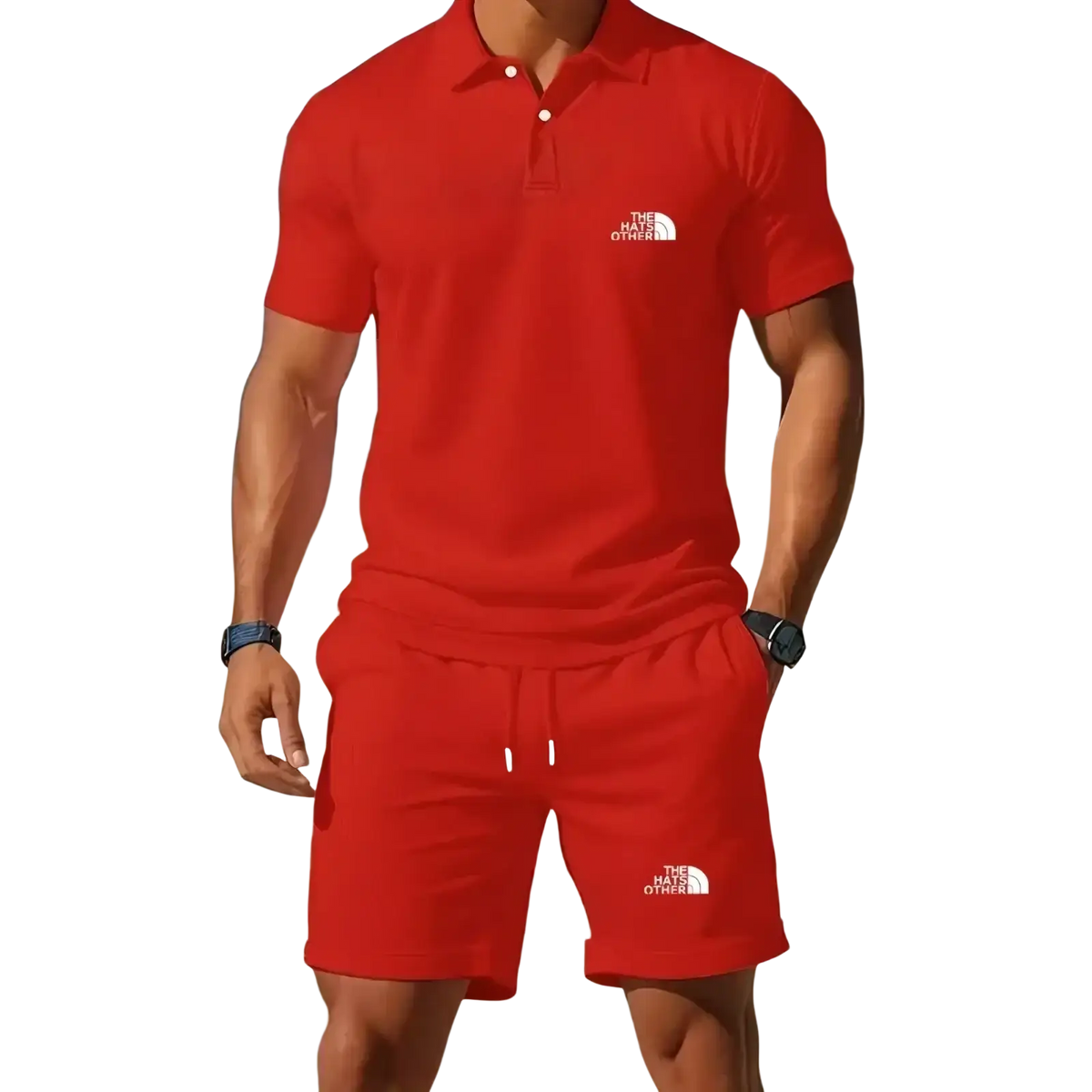 Men’s knit polo red short-sleeved shirt with white logo on chest made of breathable fabric in knit polo and shorts set