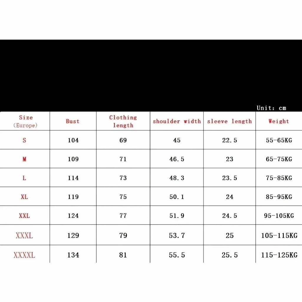 Size chart for a men’s knit polo and shorts set showing european sizing with bust, length, shoulder, sleeve, and weight details