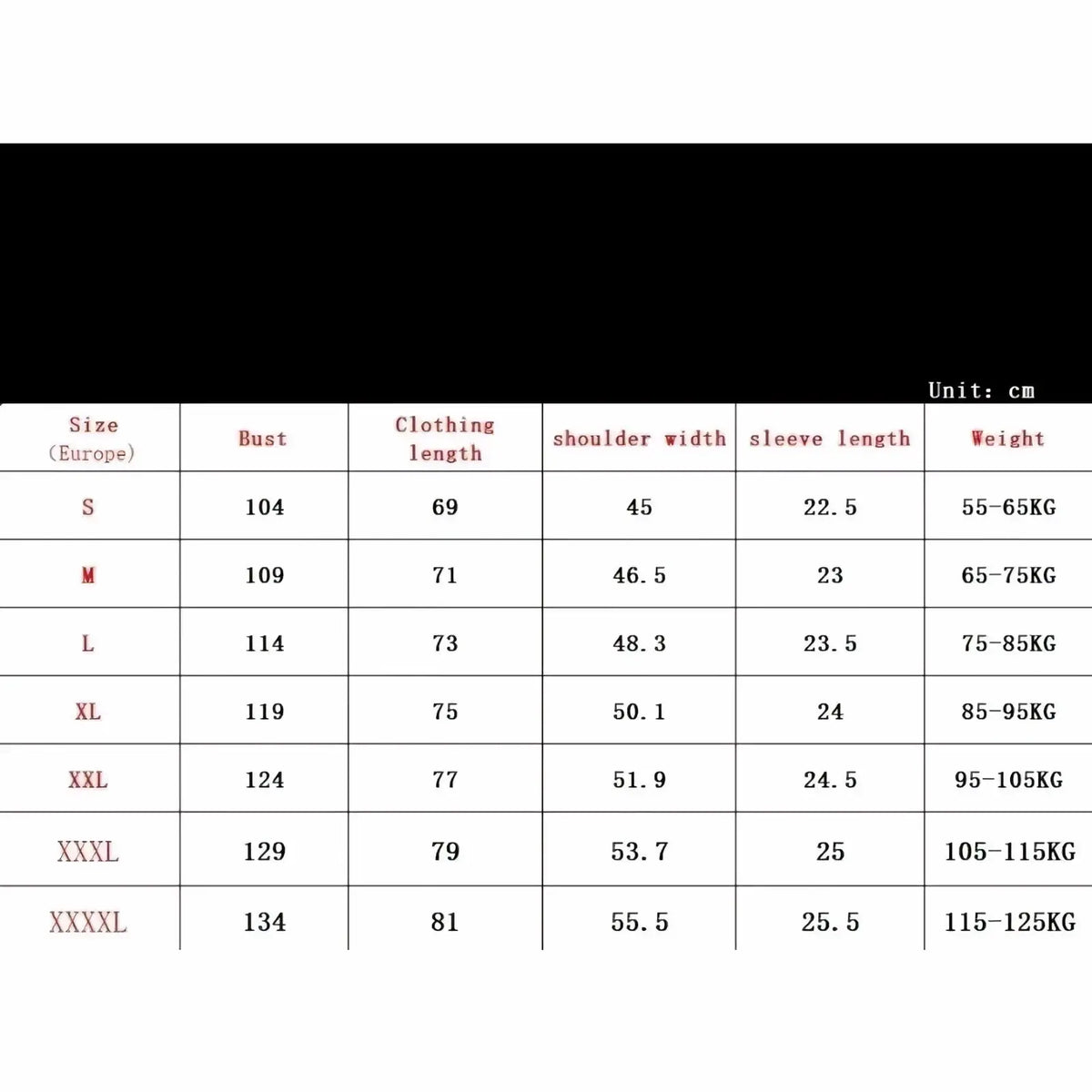 Size chart for a men’s knit polo and shorts set showing european sizing with bust, length, shoulder, sleeve, and weight details
