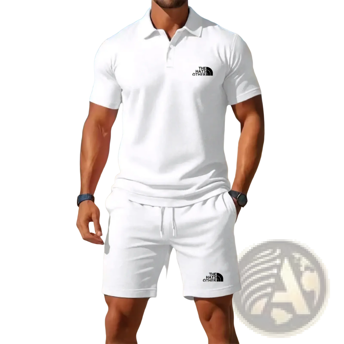 White north face men’s knit polo shirt with black logo on chest suitable for casual wear