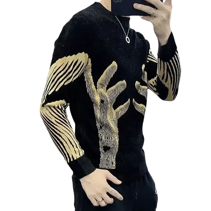 Men’s black standard wool knit sweater with gold-toned deer graphic and matching striped sleeves pullover