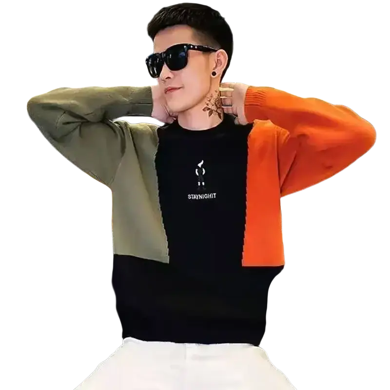 Men’s standard wool knit sweater pullover in black and orange color block with a white staynight logo on the chest