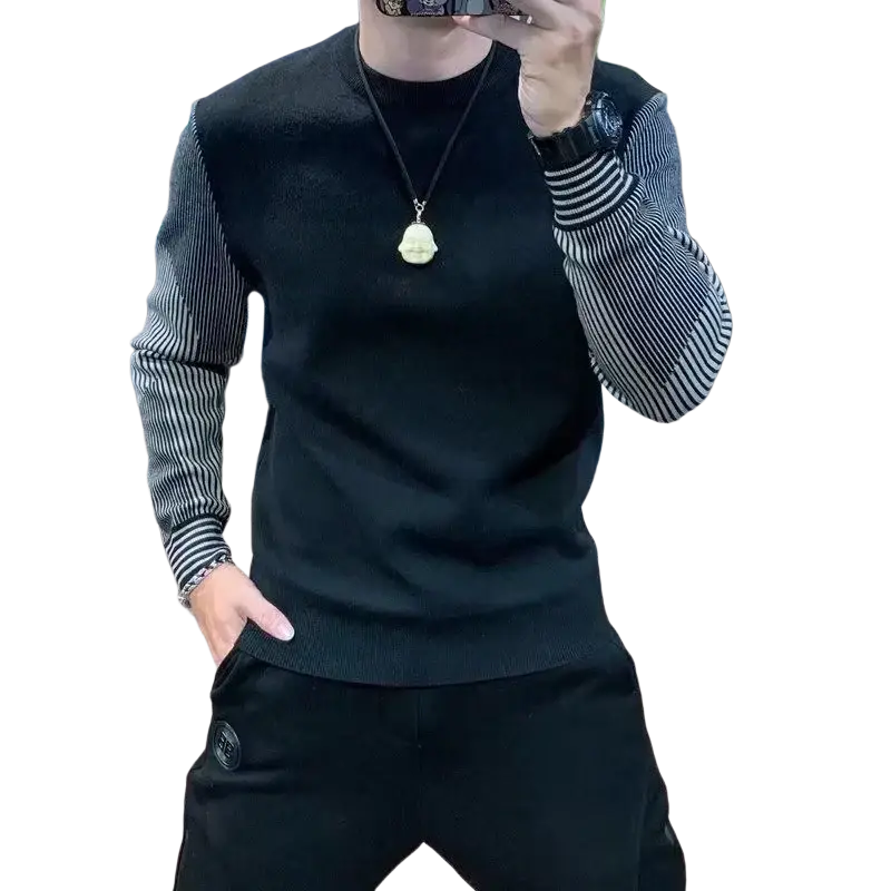 Men’s black knit vest with contrasting striped long sleeves made of standard wool for casual layering