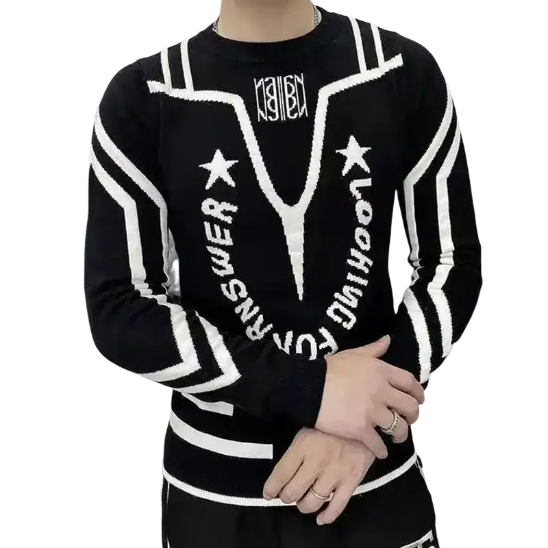 Men’s black and white standard wool knit sweater with long sleeves bold geometric patterns and star motifs for answer text
