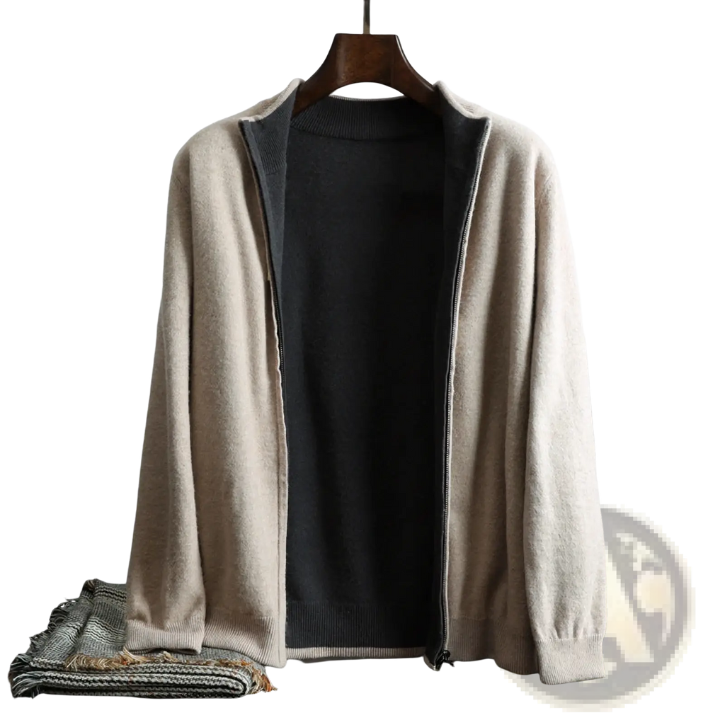 Men’s beige knit zip cardigan sweater coat with soft textured knit and ribbed cuffs for casual wear