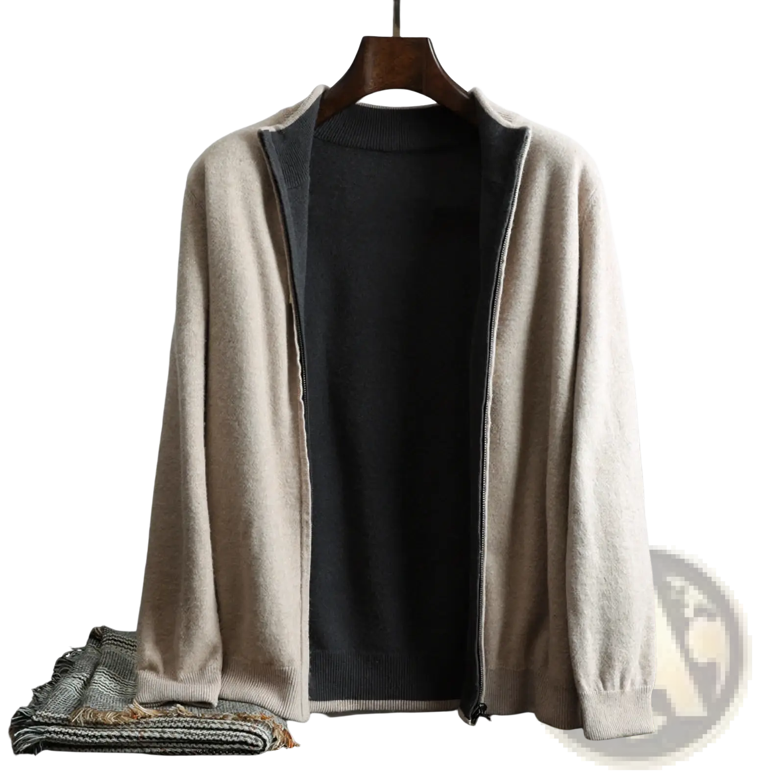 Men’s beige knit zip cardigan sweater coat with soft textured knit and ribbed cuffs for casual wear