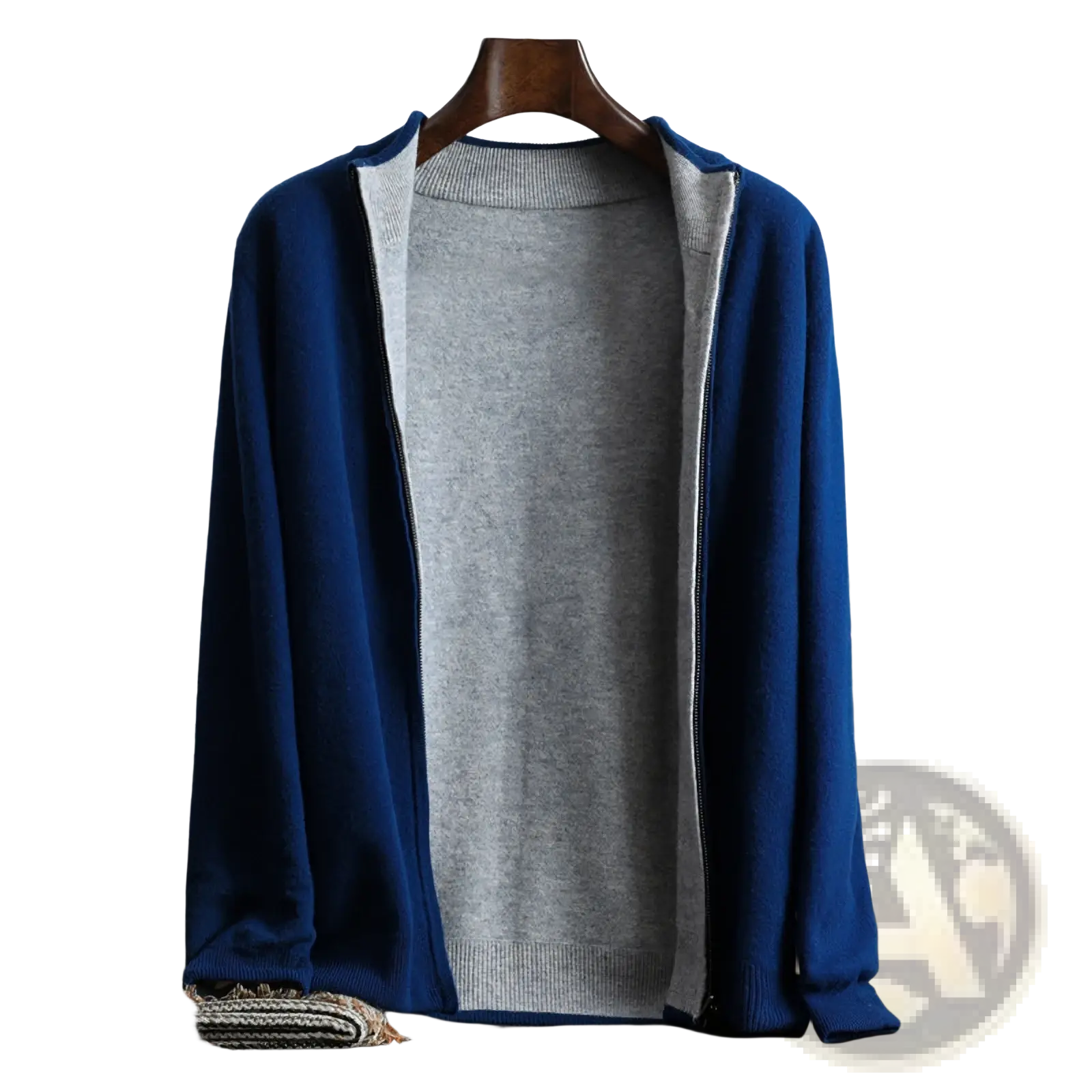 Men’s knit zip cardigan sweater coat in blue with gray inner lining displayed on wooden hanger