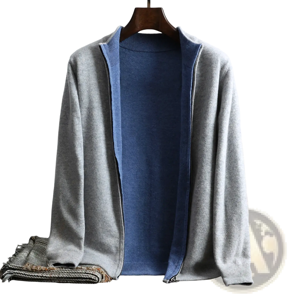 Men’s knit zip cardigan sweater coat in gray with blue inner lining displayed on wooden hanger