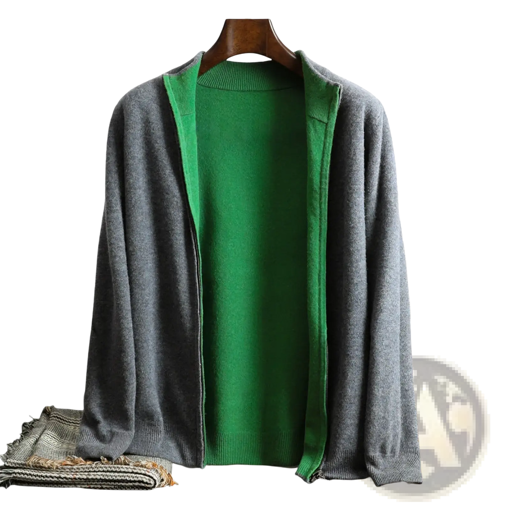 Men’s knit zip cardigan sweater coat in gray knit with green inner lining displayed open on wooden hanger