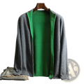 Men’s knit zip cardigan sweater coat in gray knit with green inner lining displayed open on wooden hanger