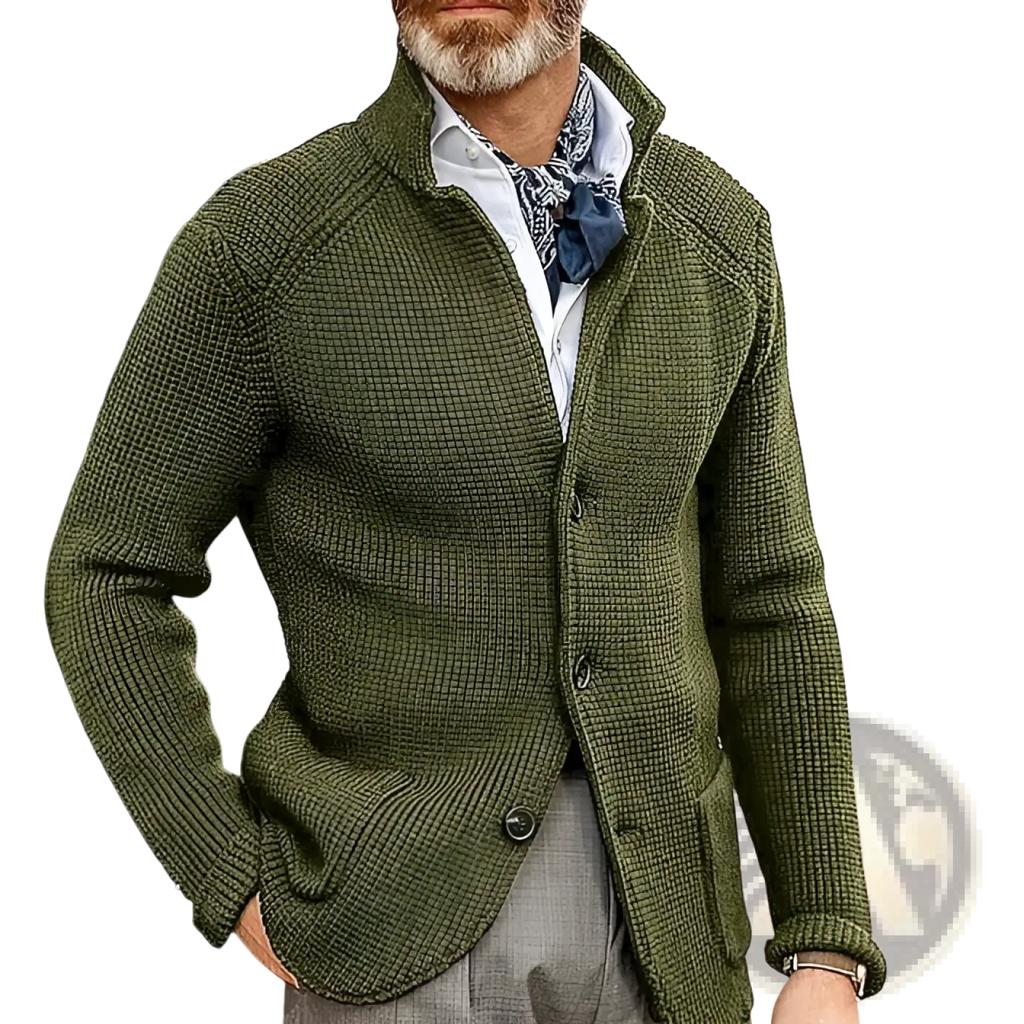 Men’s knitted cardigan sweater in olive green with textured knit and three-button stand collar design