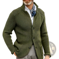 Men’s knitted cardigan sweater in olive green with textured knit and three-button stand collar design