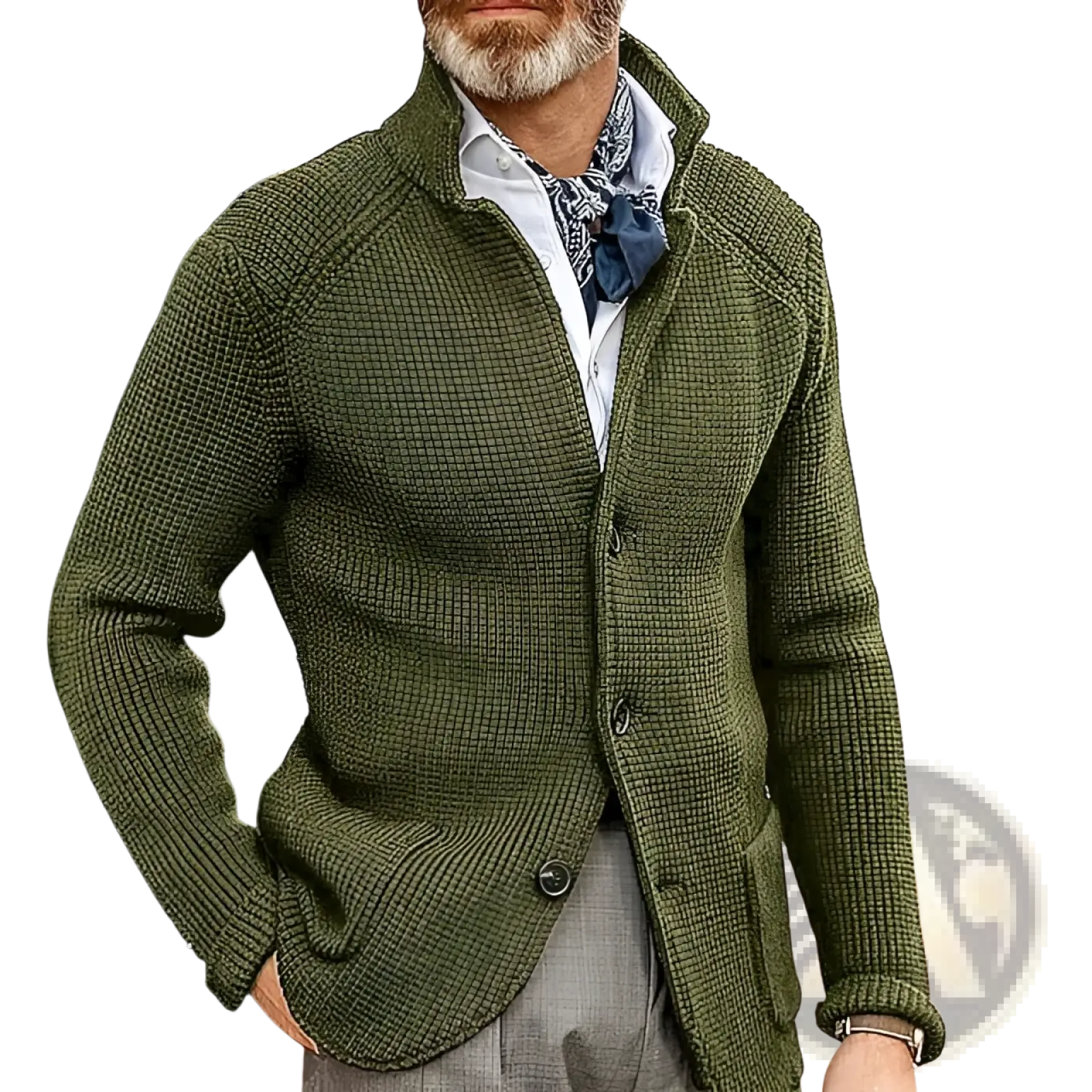 Men’s knitted cardigan sweater in olive green with textured knit and three-button stand collar design