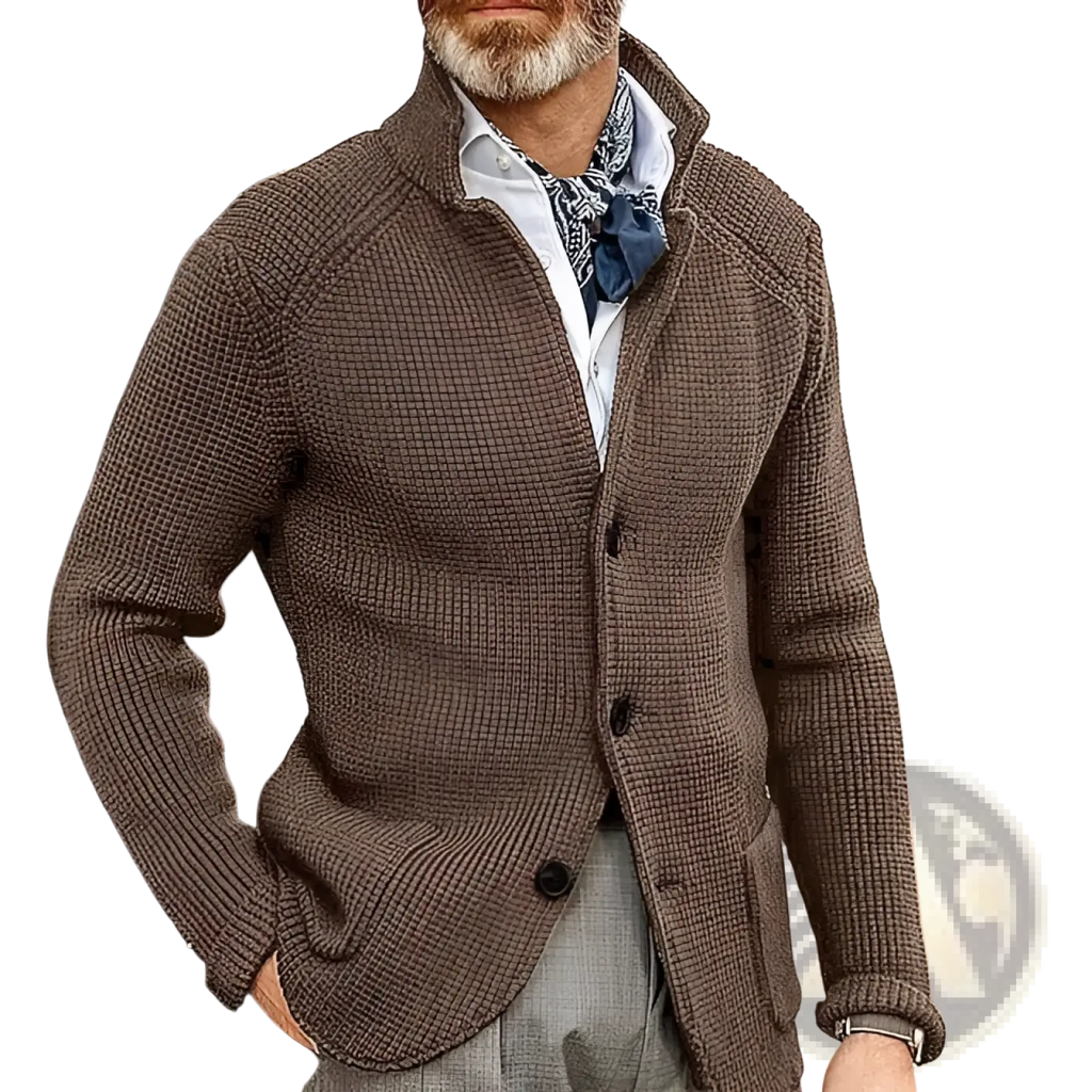 Brown textured knit men’s cardigan with stand collar and button closure made from warm knitted fabric