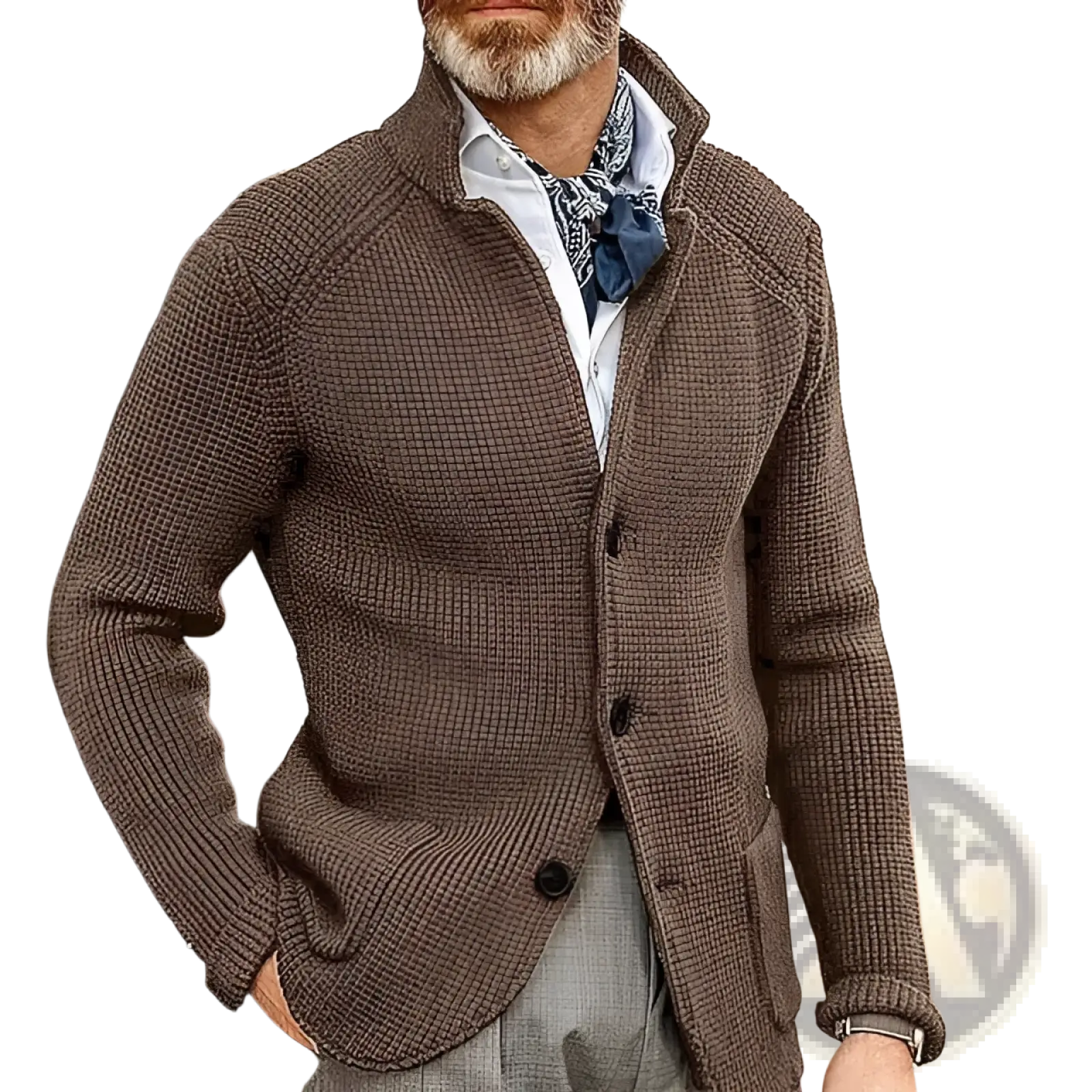 Brown textured knit men’s cardigan with stand collar and button closure made from warm knitted fabric