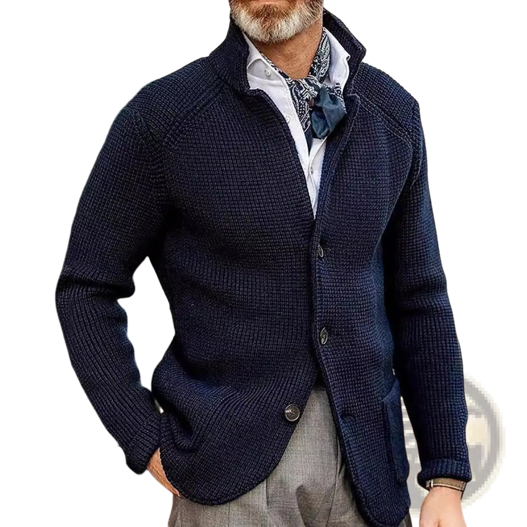 Navy blue ribbed knit men’s cardigan with button closure and stand collar for casual or formal wear