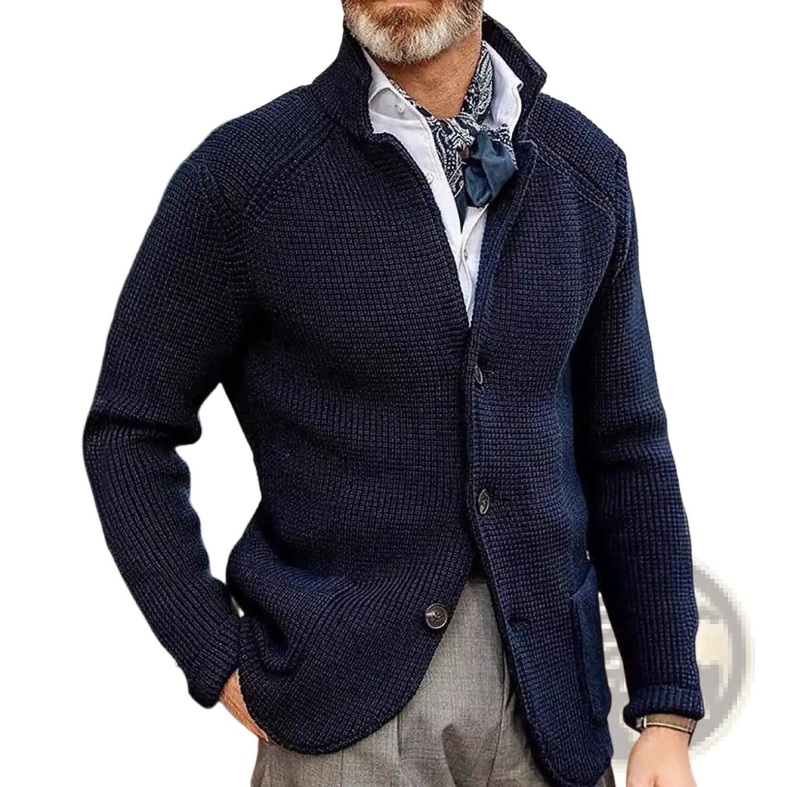 Navy blue ribbed knit men’s cardigan with button closure and stand collar for casual or formal wear